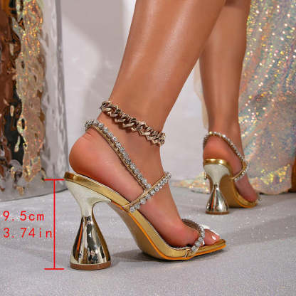 Rhinestone Decor Square Toe Slingback Strap Wine Glass Heels
