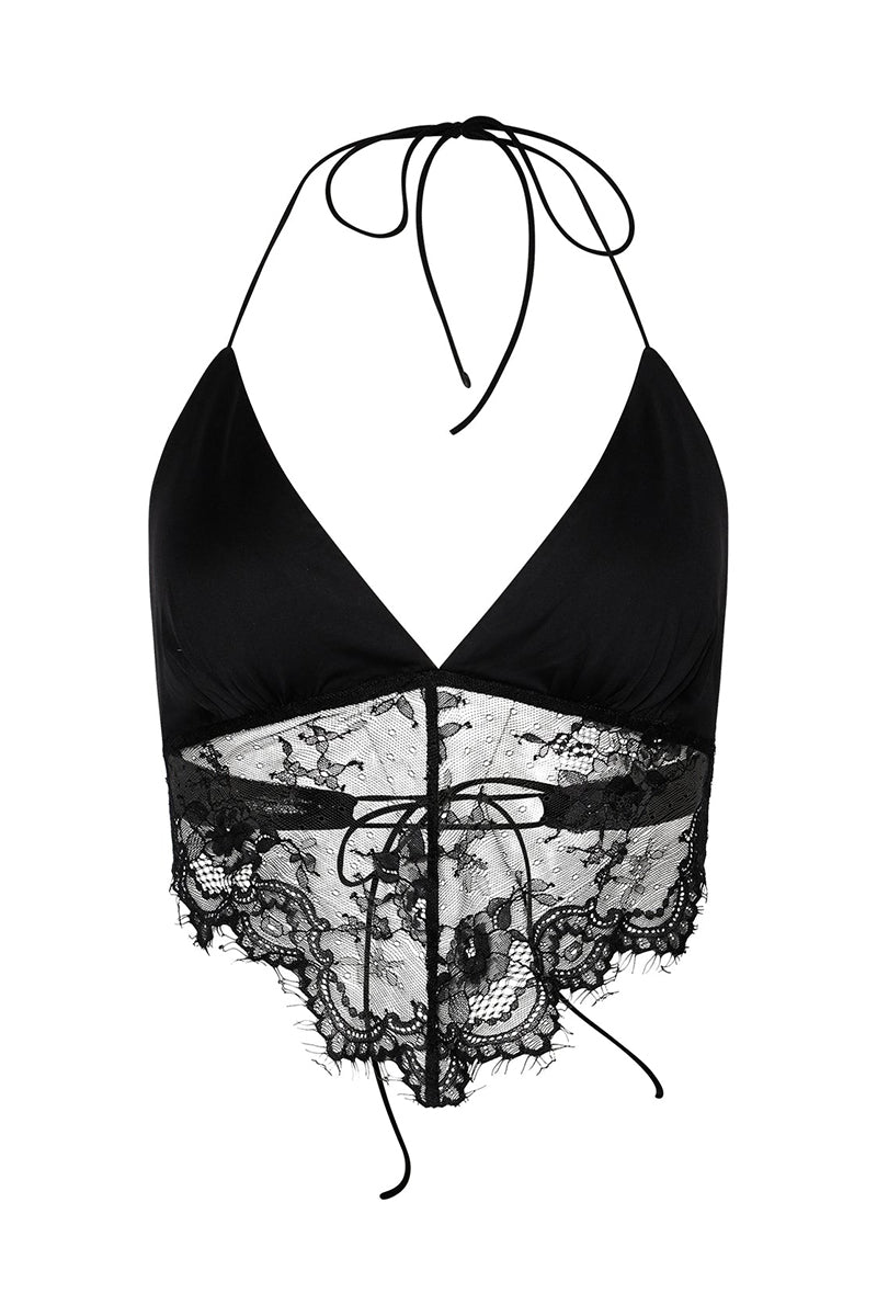 V Neck Backless Lace Halter Top High Low Hem Mini Skirt Matching Set