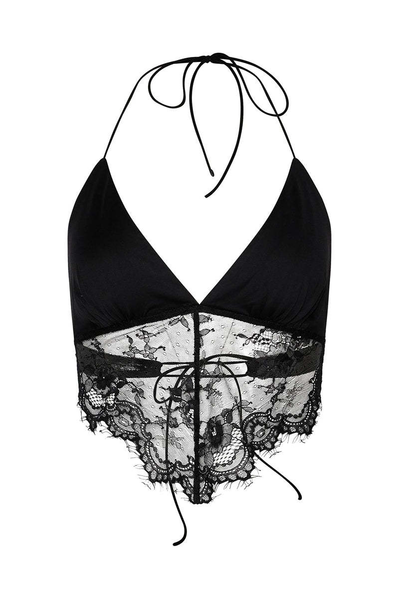 V Neck Backless Lace Halter Top High Low Hem Mini Skirt Matching Set