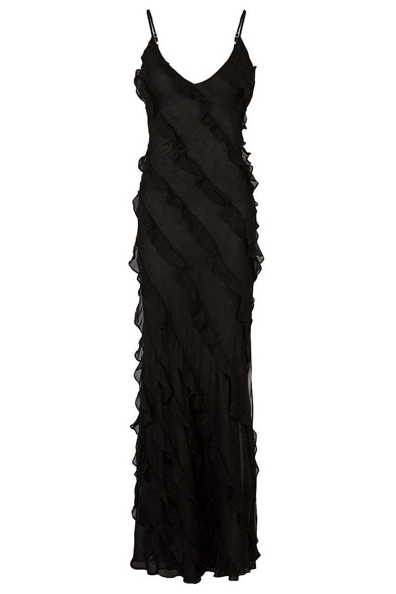 Ruffled Slit V Neck Backless Prom Slip Maxi Dresses