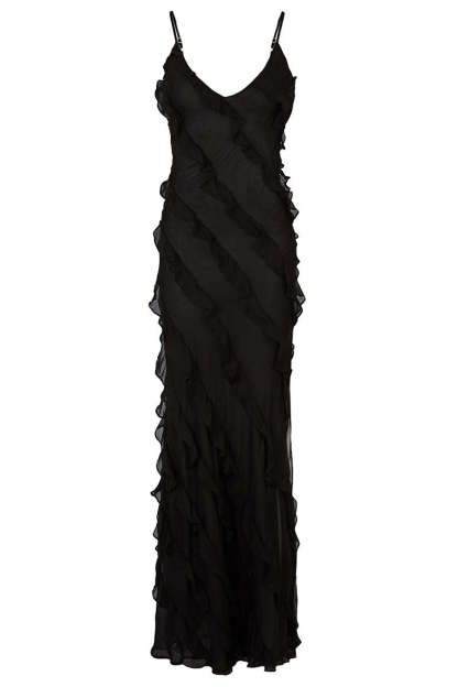 Ruffled Slit V Neck Backless Prom Slip Maxi Dresses