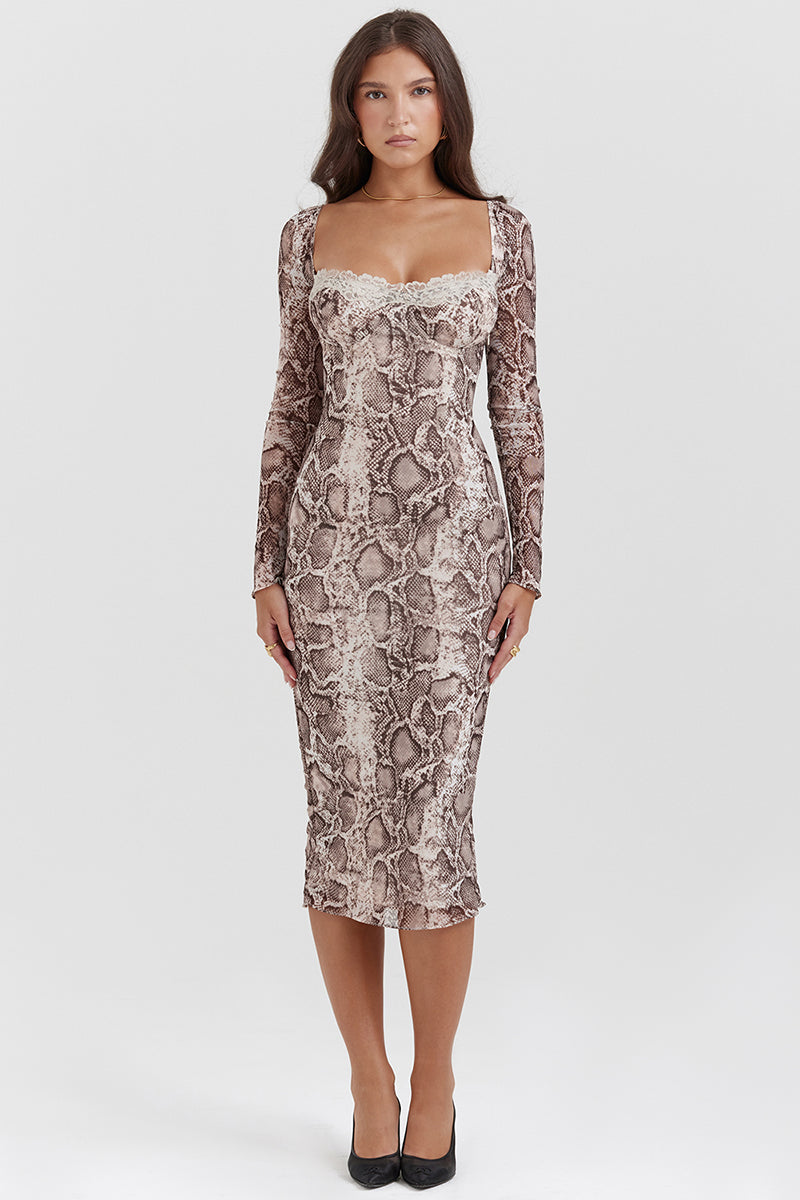 Snake Print Square Neck Lace Long Sleeve Bodycon Midi Dresses-Brown