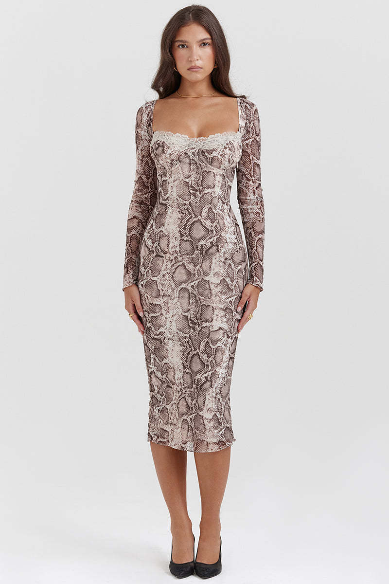Snake Print Square Neck Lace Long Sleeve Bodycon Midi Dresses-Brown