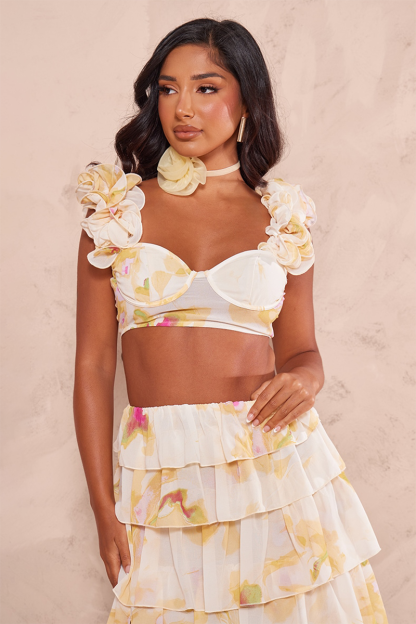 Ruffled Straps Crop Top Slit Tiered Maxi Skirt Matching Set-Beige Pre Order