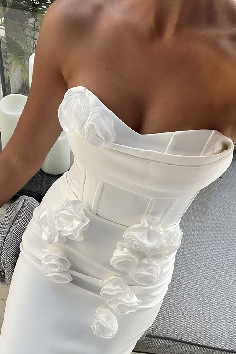 Strapless Corset 3D Flowers Decor Bodycon Gowns Maxi Dresses-White