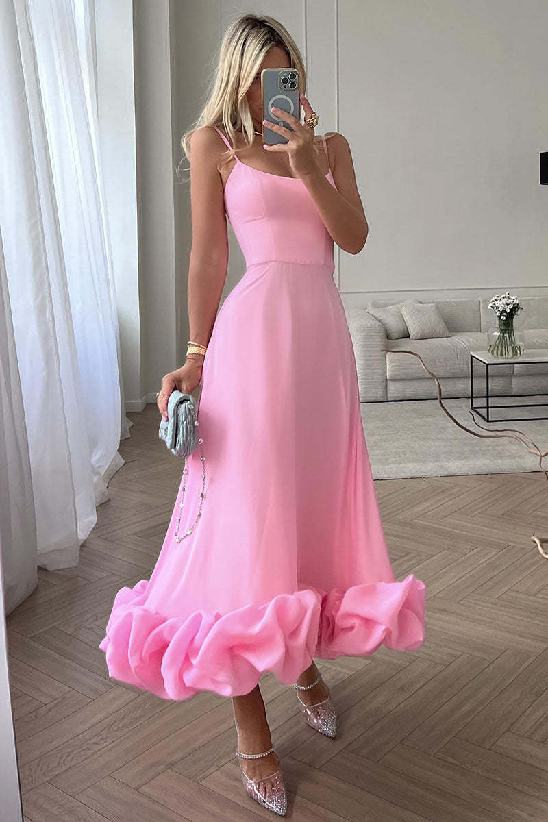 Scoop Neck Cami A-Line Draped Ruffled Hemline Cocktail Party Midi Dresses