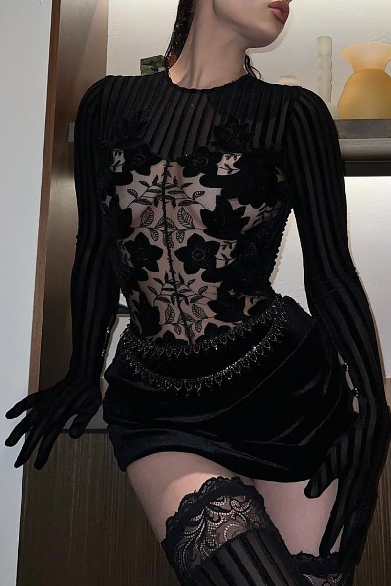 See-Through Mesh Jacquard Striped Long Sleeve Pleated Mini Dresses-Black