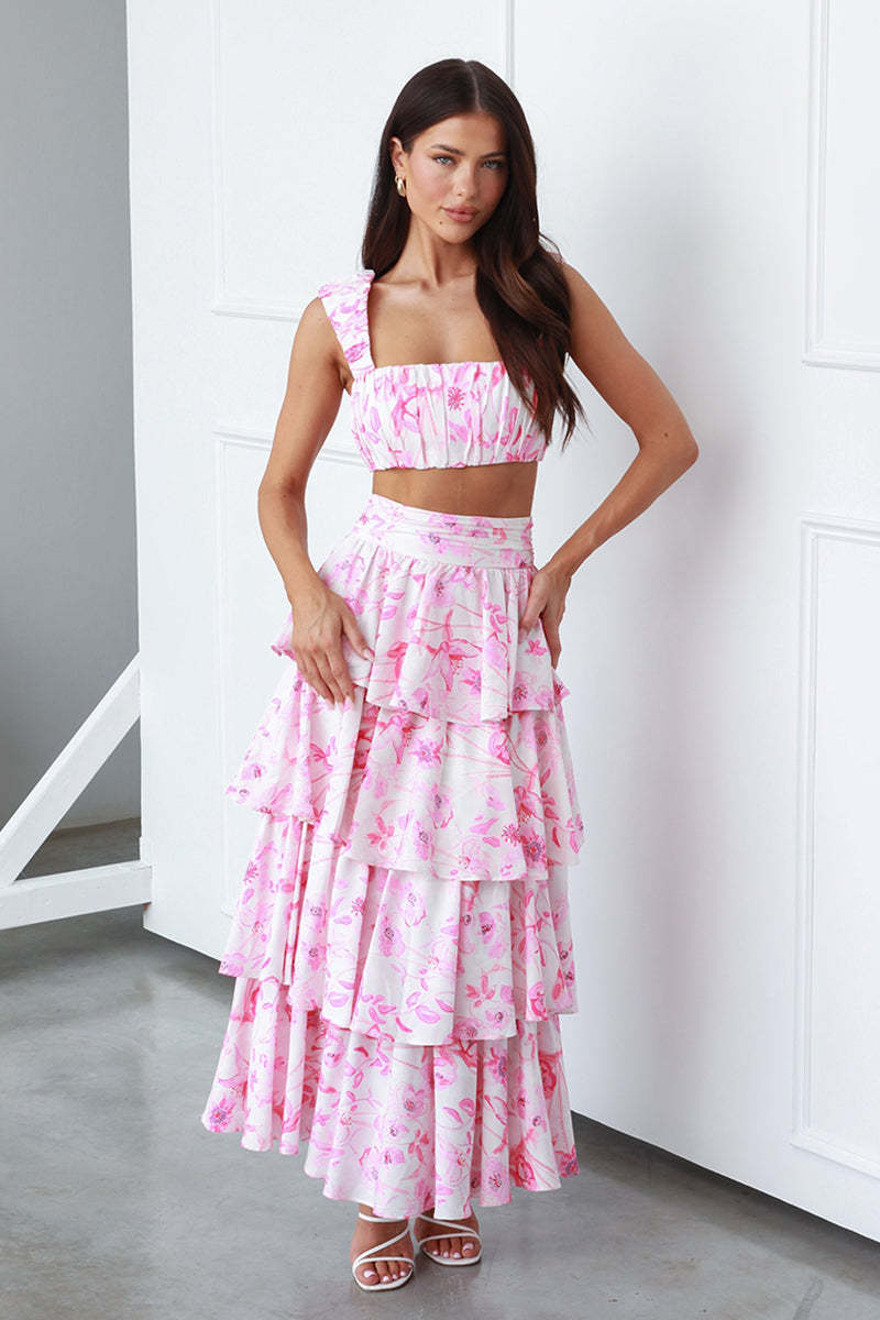 Square Neck Ruched Sleeveless Crop Top High Waist Layered Maxi Skirt Floral Print Matching Set