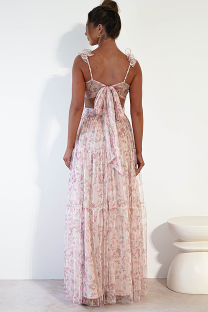 Ditsy Floral Print Frill Straps Backless Tulle Gowns Maxi Dresses-Pink