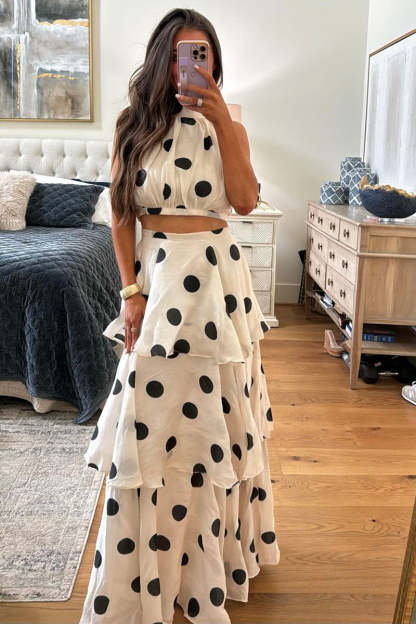 High Neck Crop Top Layered Maxi Skirt Polka Dot 2pcs Set-White