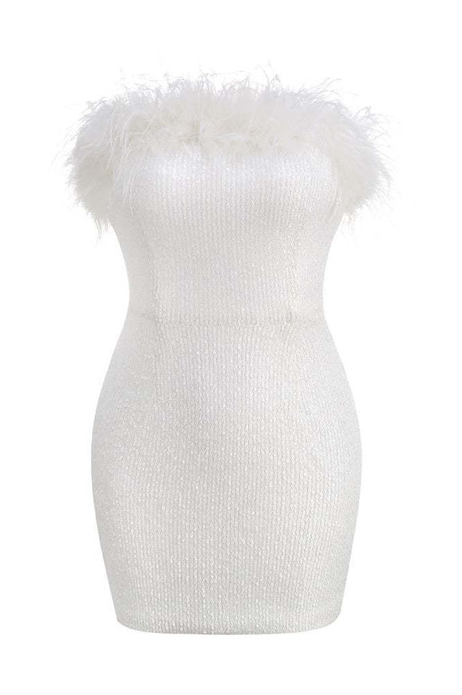Sequin Strapless Feather Trim Bodycon Mini Party Dresses