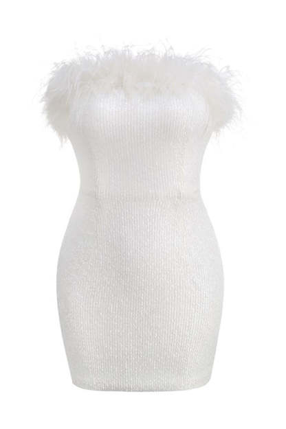 Sequin Strapless Feather Trim Bodycon Mini Party Dresses