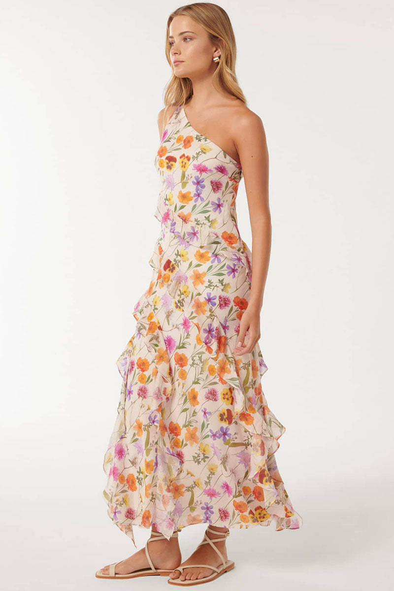 One Shoulder Multicolor Floral Print Flounced Maxi Dresses-Beige