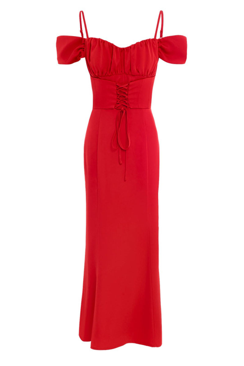 Cold Shoulder Gathered Bust Lace-Up Elegant Party Maxi Dresses-Red
