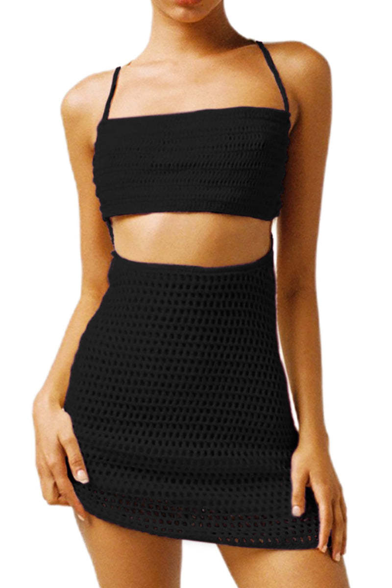 Crossover Back Straps Crop Top Bodycon Mini Skirt Vacation Knit Set
