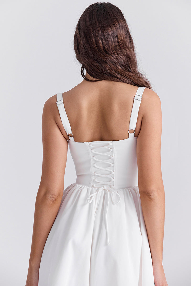 Spaghetti Strap Corset Lace Up Pocket Slit Midi Dresses-White