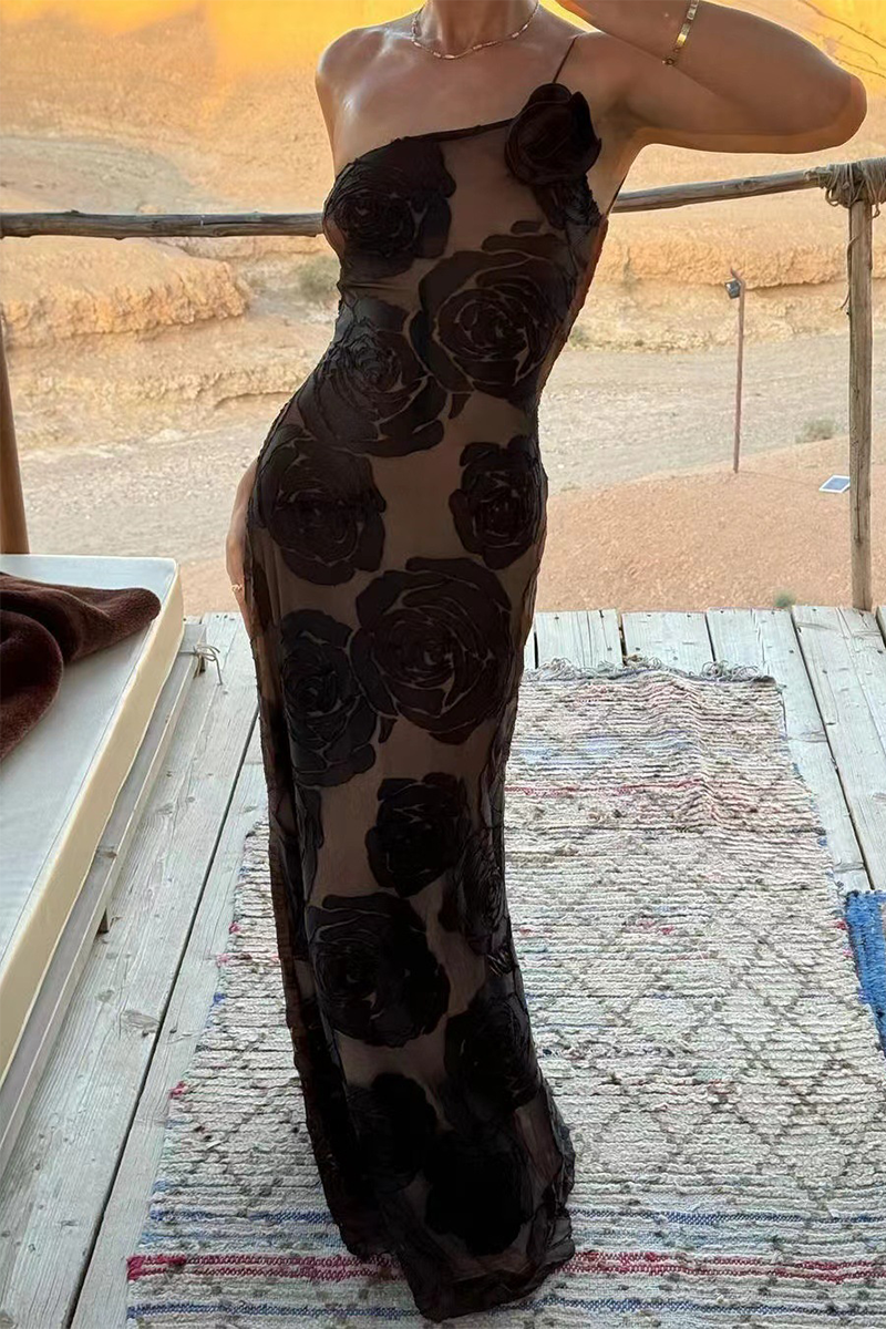 Floral Pattern 3D Flower Decor One Shoulder Sleeveless Maxi Dresses-Black