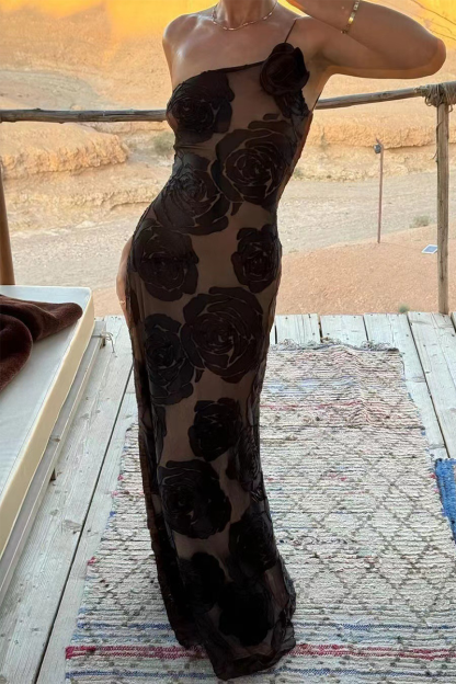 Floral Pattern 3D Flower Decor One Shoulder Sleeveless Maxi Dresses-Black