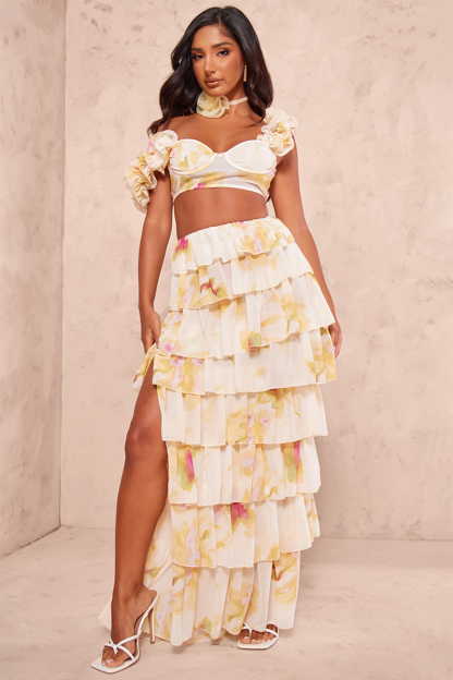 Ruffled Straps Crop Top Slit Tiered Maxi Skirt Matching Set-Beige Pre Order