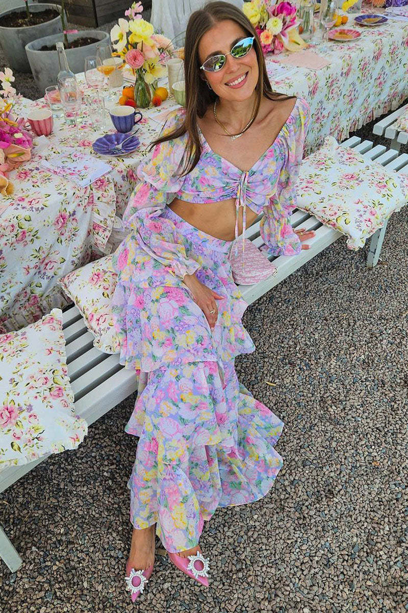 Tie Up Crop Top Layered Maxi Skirt Floral Matching Set-Purple Pre Order