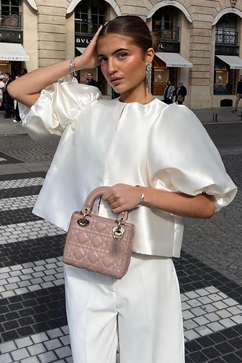 Solid Color Round Neck Puff Sleeve Crop Top-White