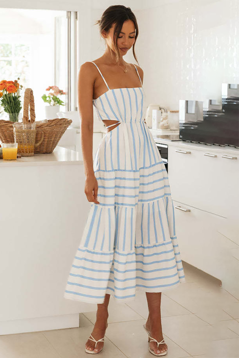 Spaghetti Strap Cutout Striped Vacation Midi Dresses-White