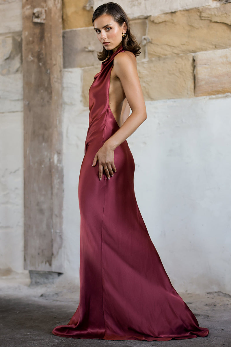 Halter Cowl Neck Backless Gown Party Maxi Dresses-Burgundy