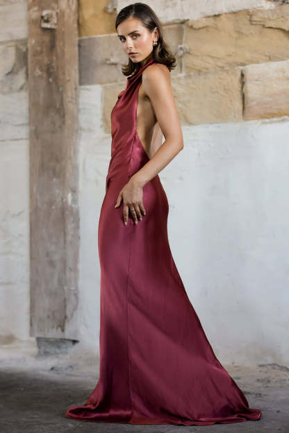 Halter Cowl Neck Backless Gown Party Maxi Dresses-Burgundy