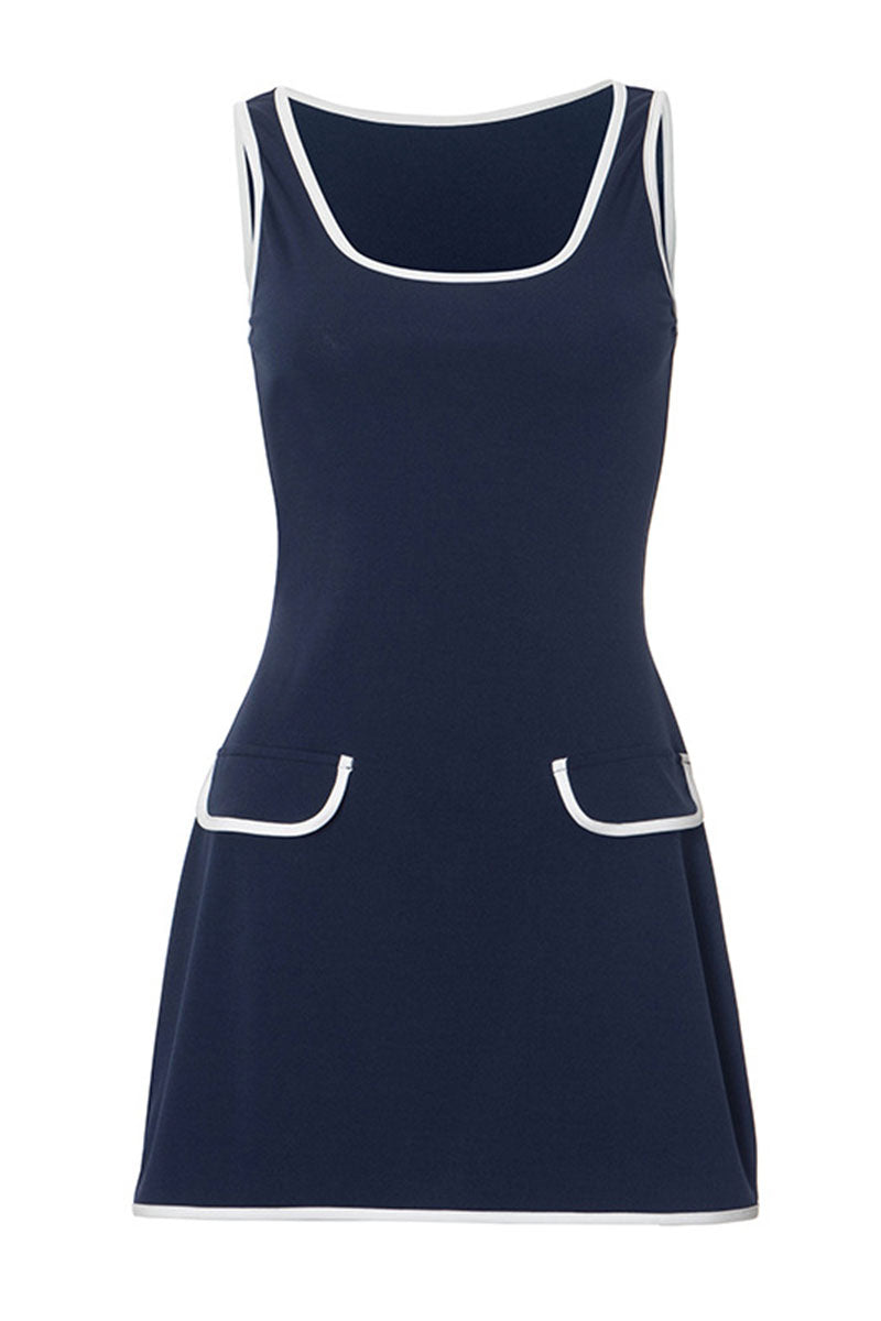 U Neck Colorblock Trim Cinch Waist Sleeveless Daily Mini Dresses-Navy