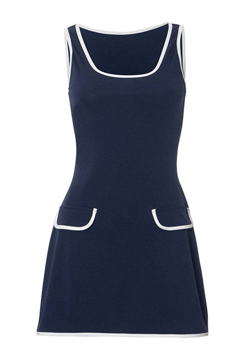U Neck Colorblock Trim Cinch Waist Sleeveless Daily Mini Dresses-Navy