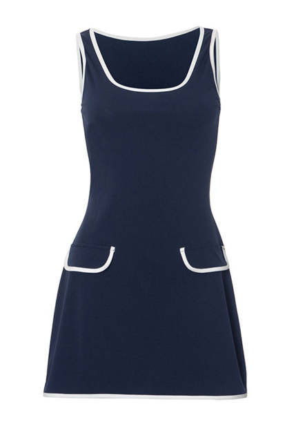 U Neck Colorblock Trim Cinch Waist Sleeveless Daily Mini Dresses-Navy