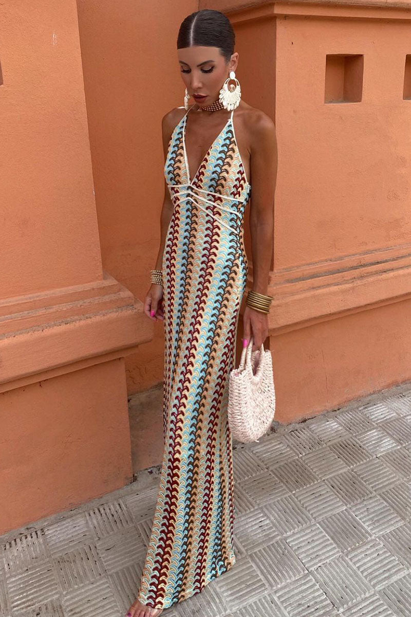 Halter V Neck Backless Boho Pattern Knit Slim-Fit Vacation Maxi Dresses-Beige