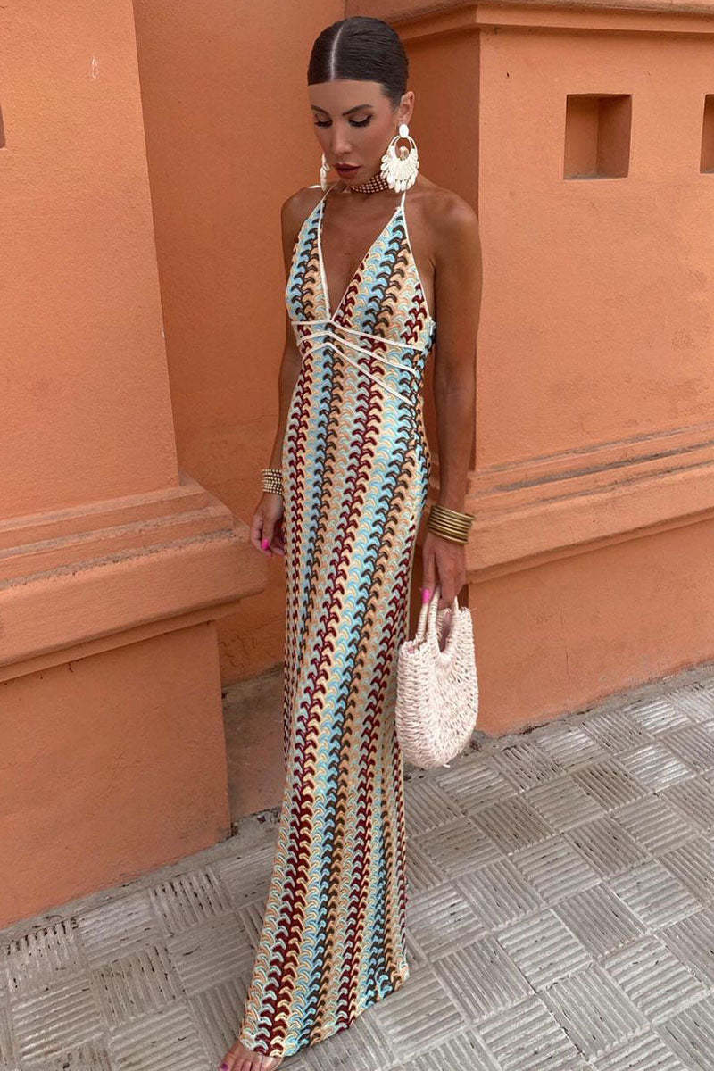 Halter V Neck Backless Boho Pattern Knit Slim-Fit Vacation Maxi Dresses-Beige