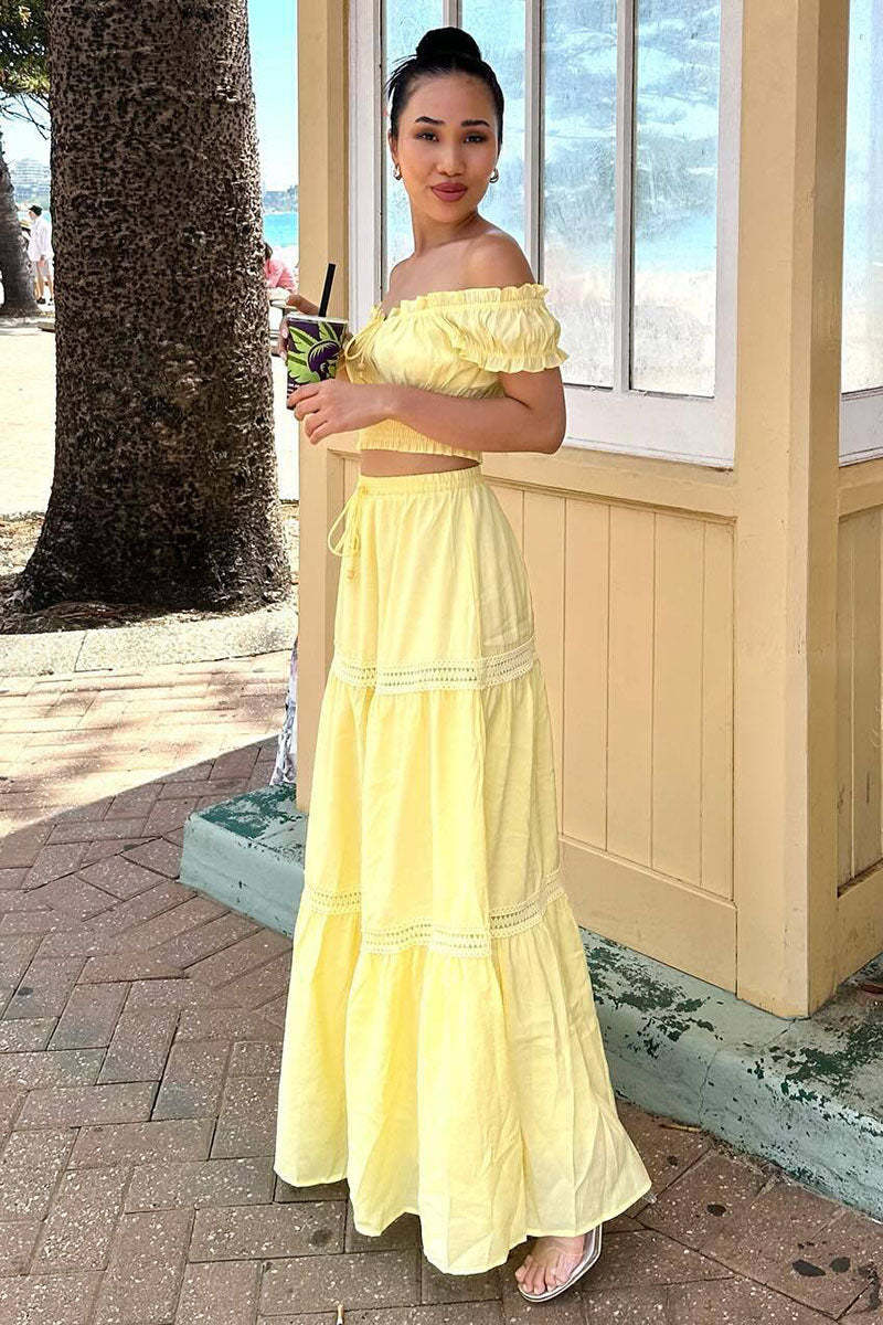 Off Shoulder Short Sleeve Ruched Top Quilted Maxi Skirt Matching Set-White