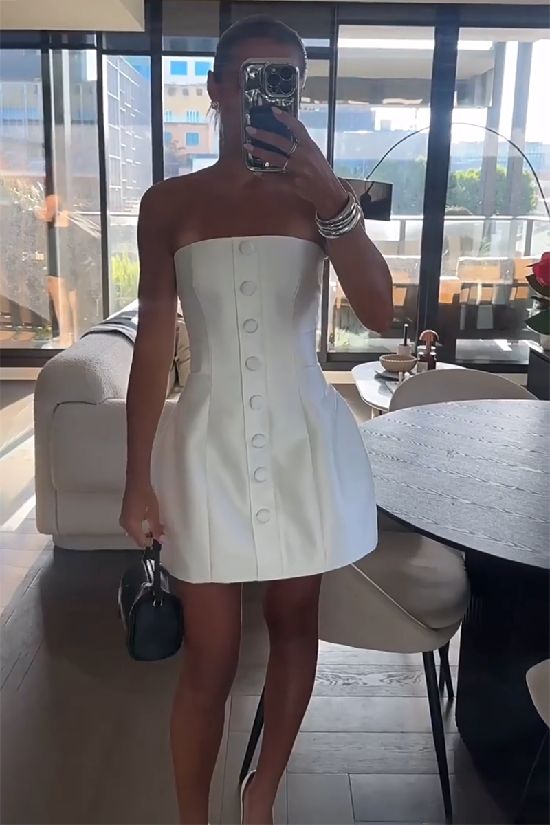 Boat Neck Front Button A-Line Puff Hem Mini Tube Dresses-White