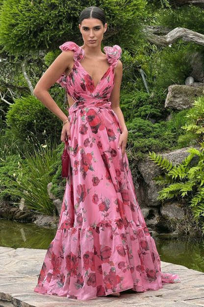 Ruffle Lace Up Backless Floral Print Vacation Maxi Dresses-Pink