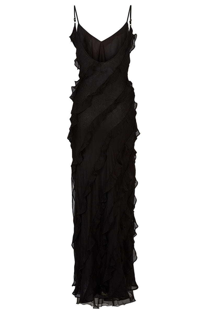 Ruffled Slit V Neck Backless Prom Slip Maxi Dresses