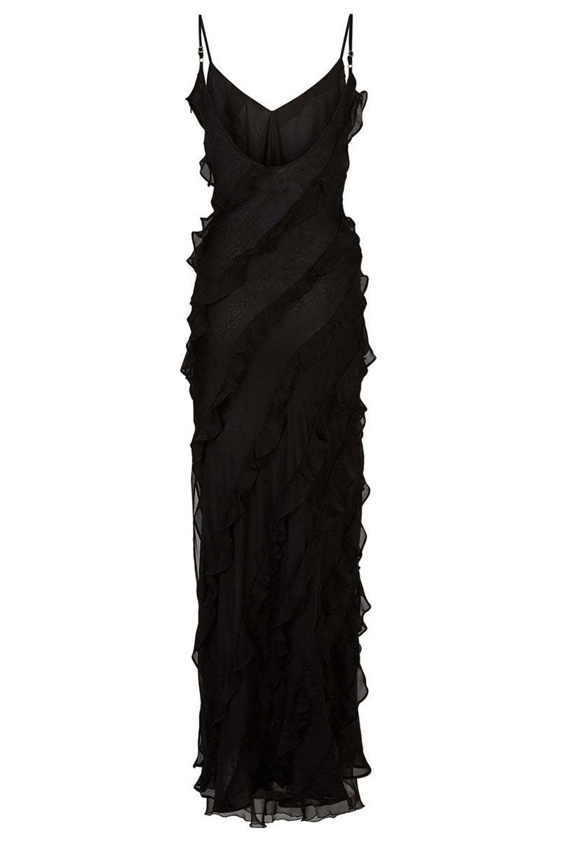 Ruffled Slit V Neck Backless Prom Slip Maxi Dresses
