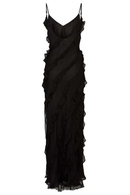 Ruffled Slit V Neck Backless Prom Slip Maxi Dresses