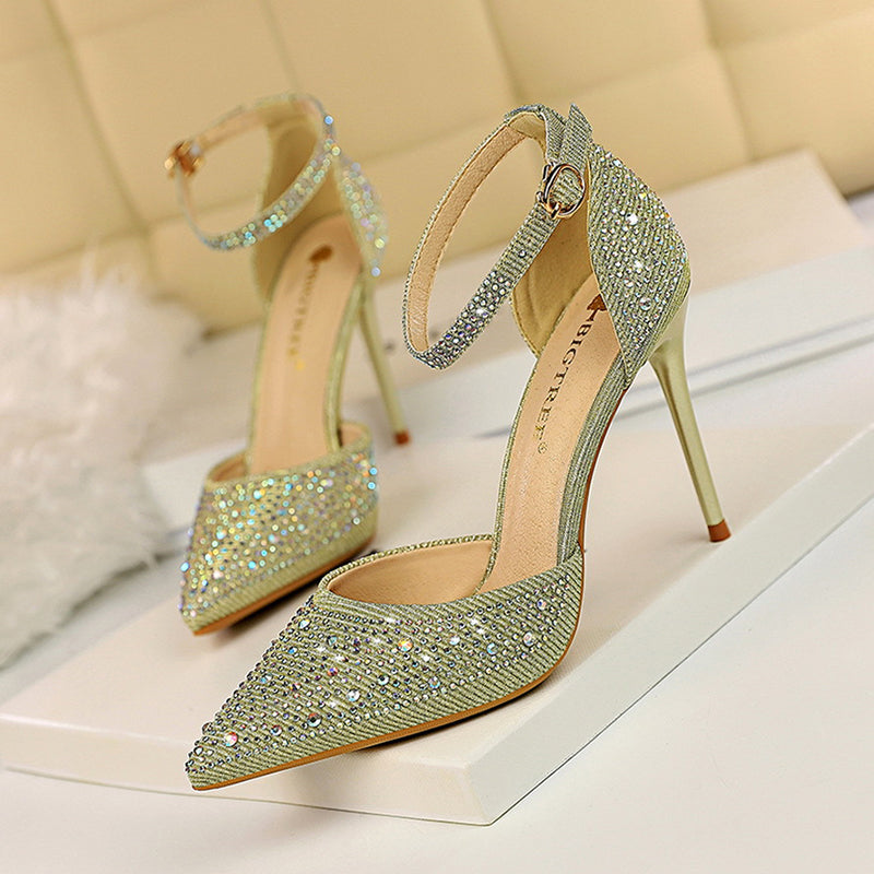 Rhinestone Embellished Pointy Toe Ankle Strap Buckle Stiletto Heels
