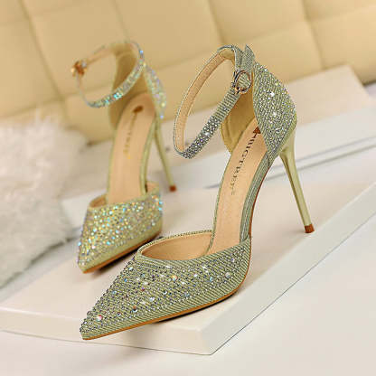 Rhinestone Embellished Pointy Toe Ankle Strap Buckle Stiletto Heels