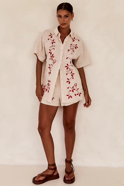 Floral Embroidery Short Sleeve Blouse Elastic Waist Shorts Matching Set-Blue