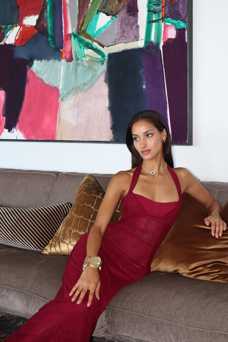 Halter Neck Corset Tie Up Backless Slim Fit Maxi Dresses-Burgundy