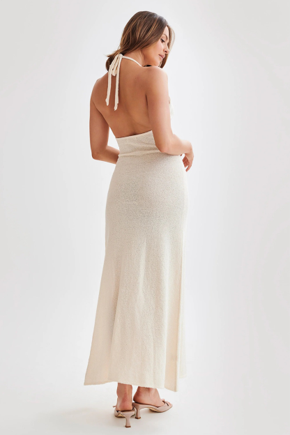 Deep V Neck 3D Flower Decor High Slit Backless Knit Halter Maxi Dresses-Ivory
