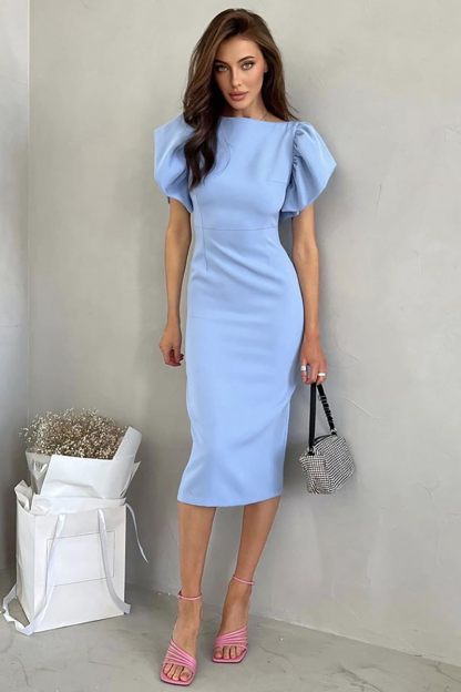 Ruffled Short Sleeve Cinch Waist Back Slit Hem Midi Dresses-Blue