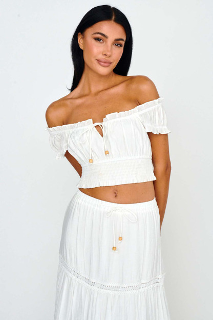 Off Shoulder Short Sleeve Ruched Top Quilted Maxi Skirt Matching Set-White