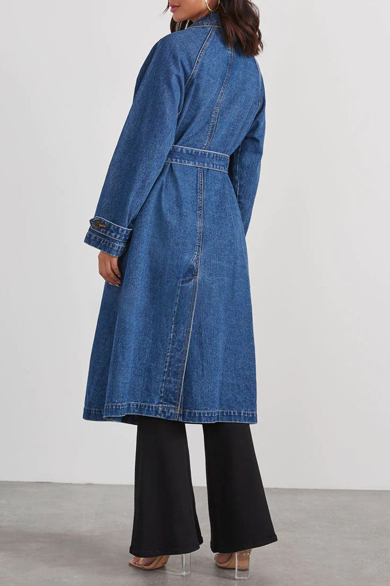 Turndown Collar Long Sleeve Double-Breasted Tie Up Denim Trench Coat-Blue