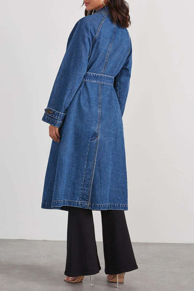 Turndown Collar Long Sleeve Double-Breasted Tie Up Denim Trench Coat-Blue
