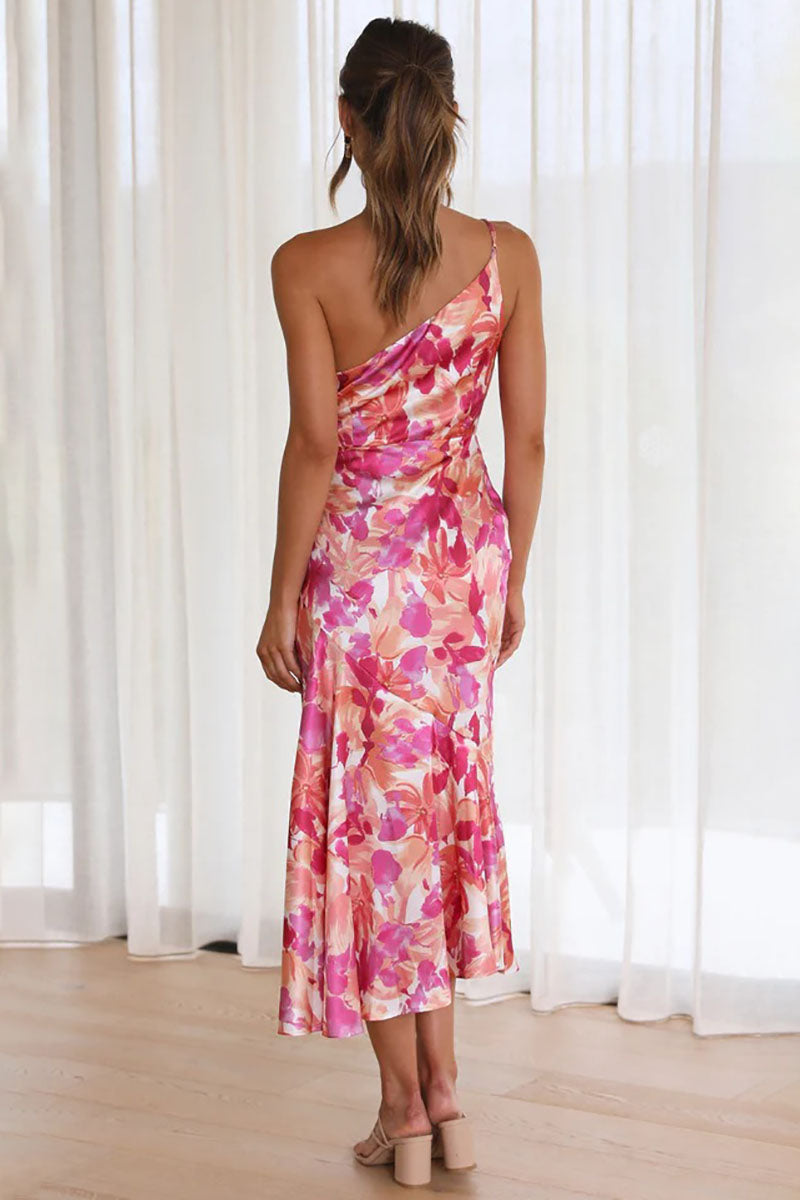 Floral Print One Shoulder Asymmetric Midi Dresses