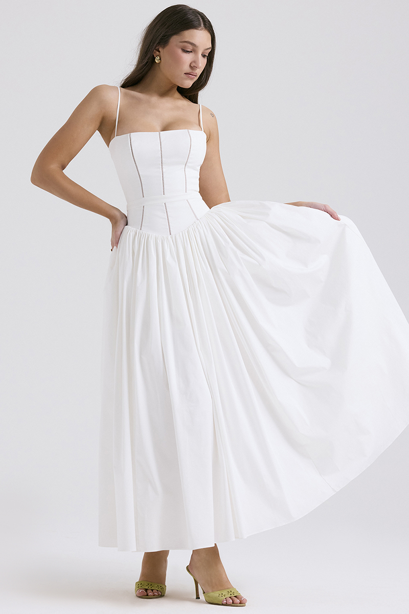 Spaghetti Strap Boat Neck Cinch Waist Pleated Hem Maxi Dresses-White